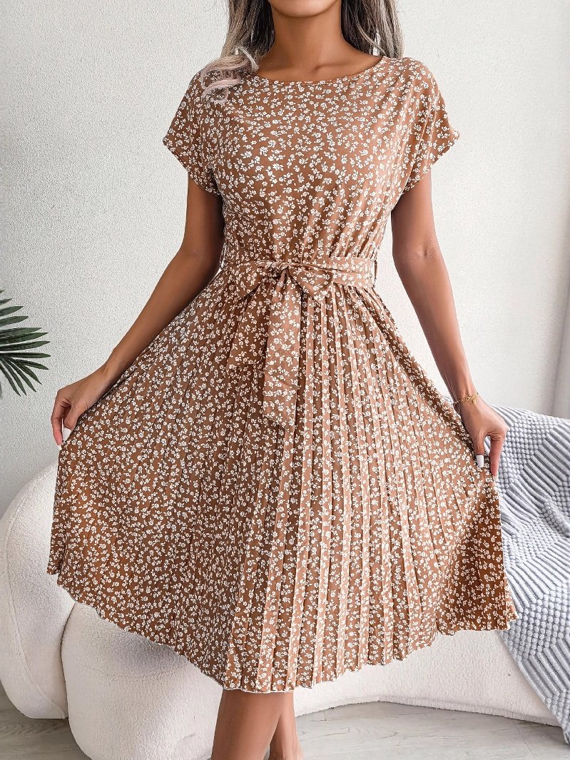 Women's Short Sleeve Summer Light Blue Floral Split Joint Crew Neck Daily Going Out Vintage Midi A-Line Pleated Dress