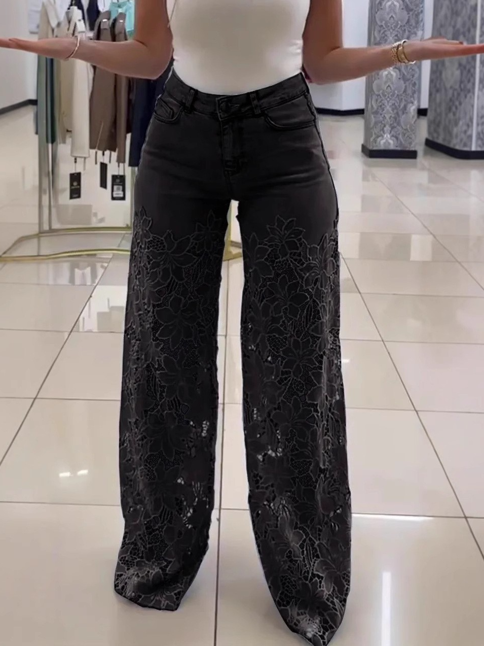 High waist wide leg pants for women fashionable temperament versatile hollow lace splicing denim drape pants