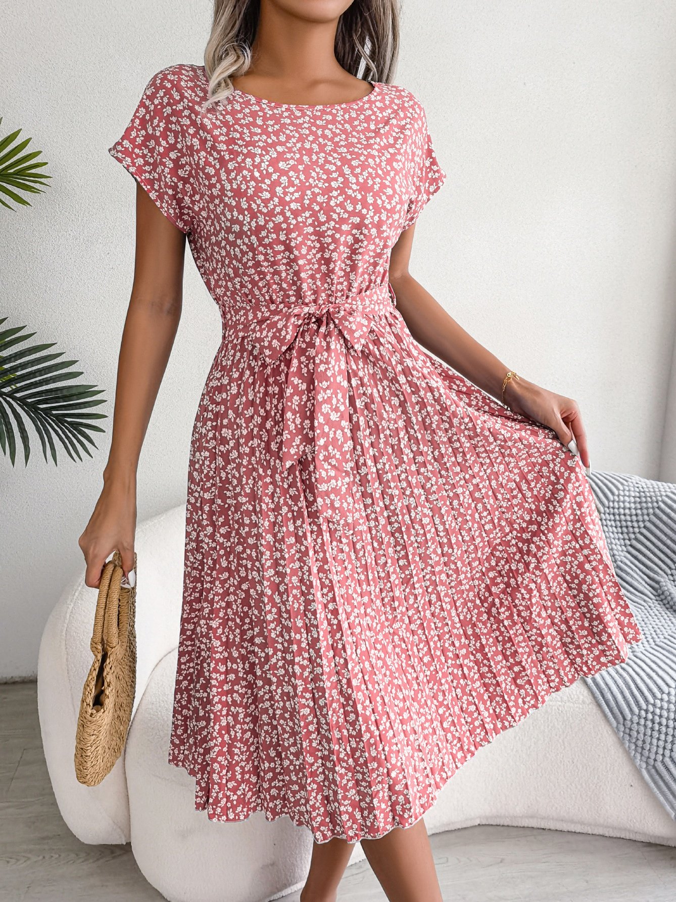 Women's Short Sleeve Summer Light Blue Floral Split Joint Crew Neck Daily Going Out Vintage Midi A-Line Pleated Dress