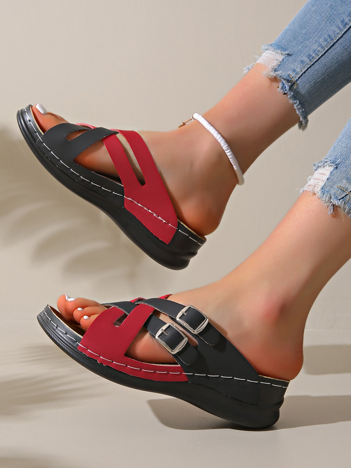 Contrast Stitching Summer Simple Pu Slide Sandals