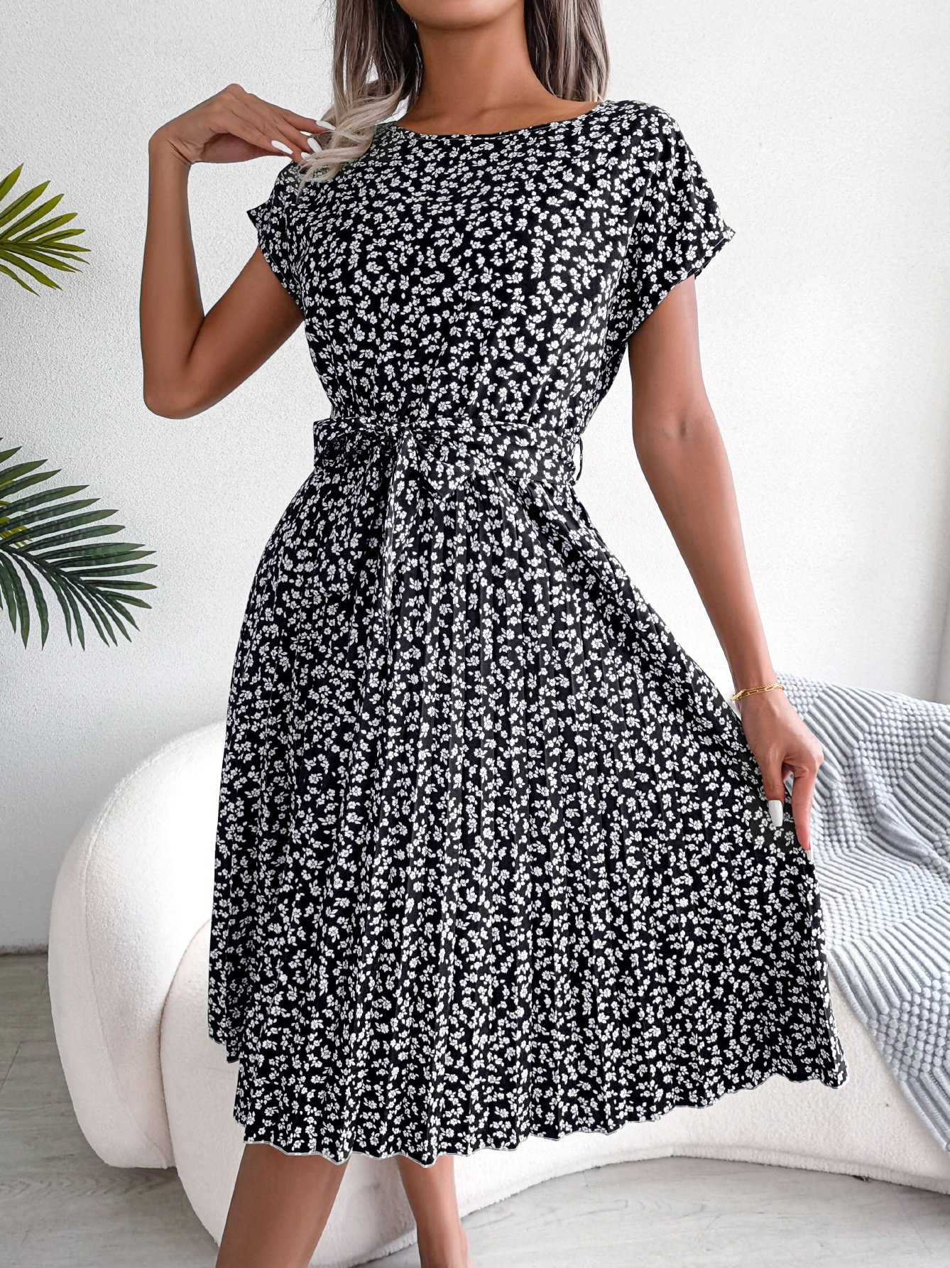 Women's Short Sleeve Summer Light Blue Floral Split Joint Crew Neck Daily Going Out Vintage Midi A-Line Pleated Dress