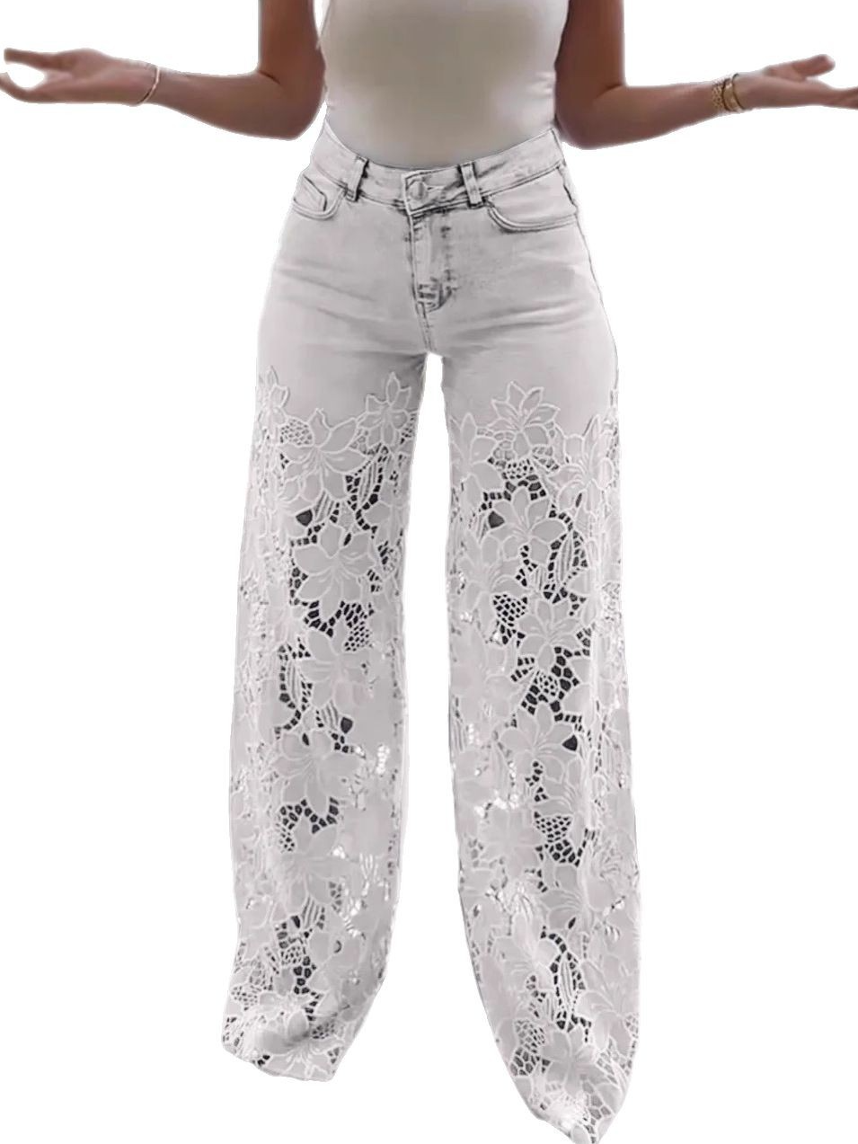 High waist wide leg pants for women fashionable temperament versatile hollow lace splicing denim drape pants