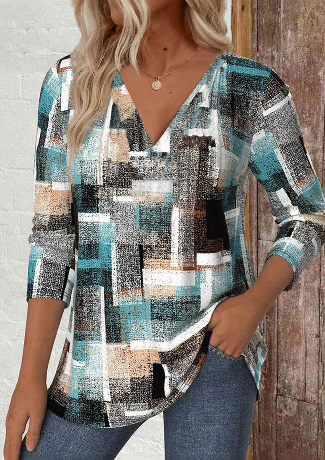 Print Casual V Neck Long Sleeve T-Shirt