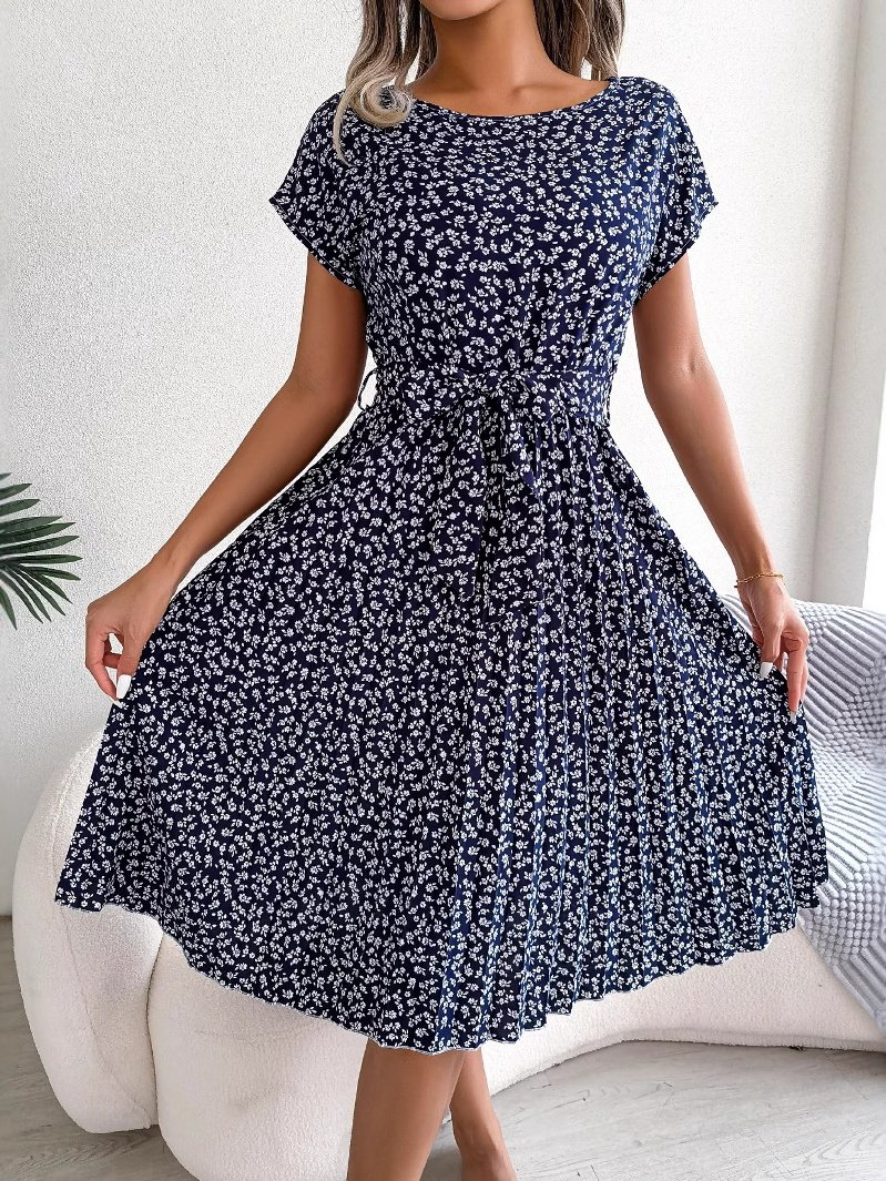 Women's Short Sleeve Summer Light Blue Floral Split Joint Crew Neck Daily Going Out Vintage Midi A-Line Pleated Dress
