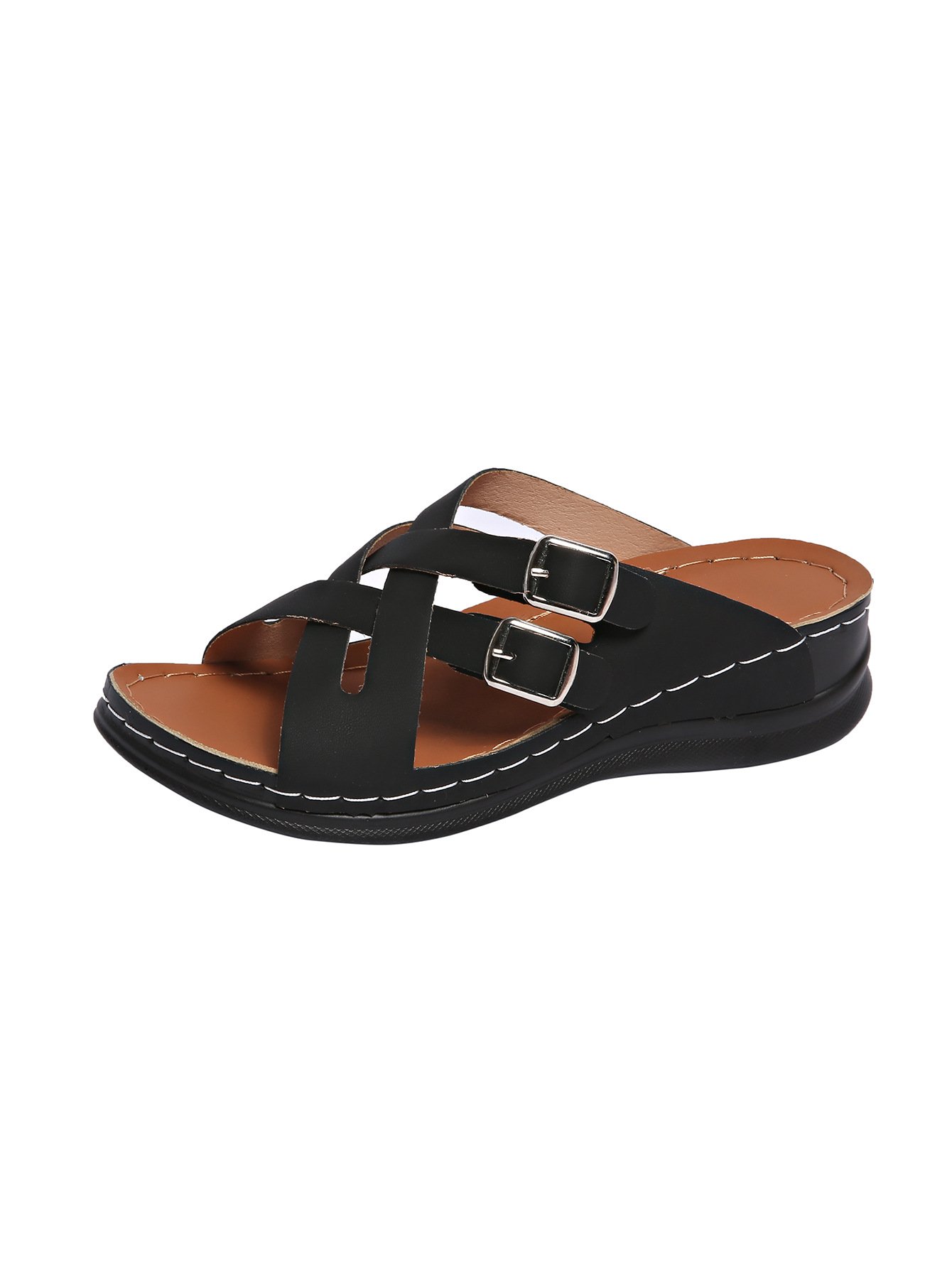 Contrast Stitching Summer Simple Pu Slide Sandals