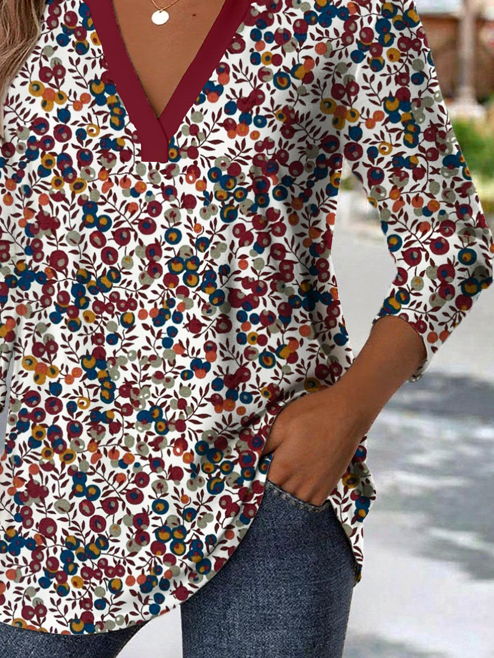 Print Casual V Neck Long Sleeve T-Shirt