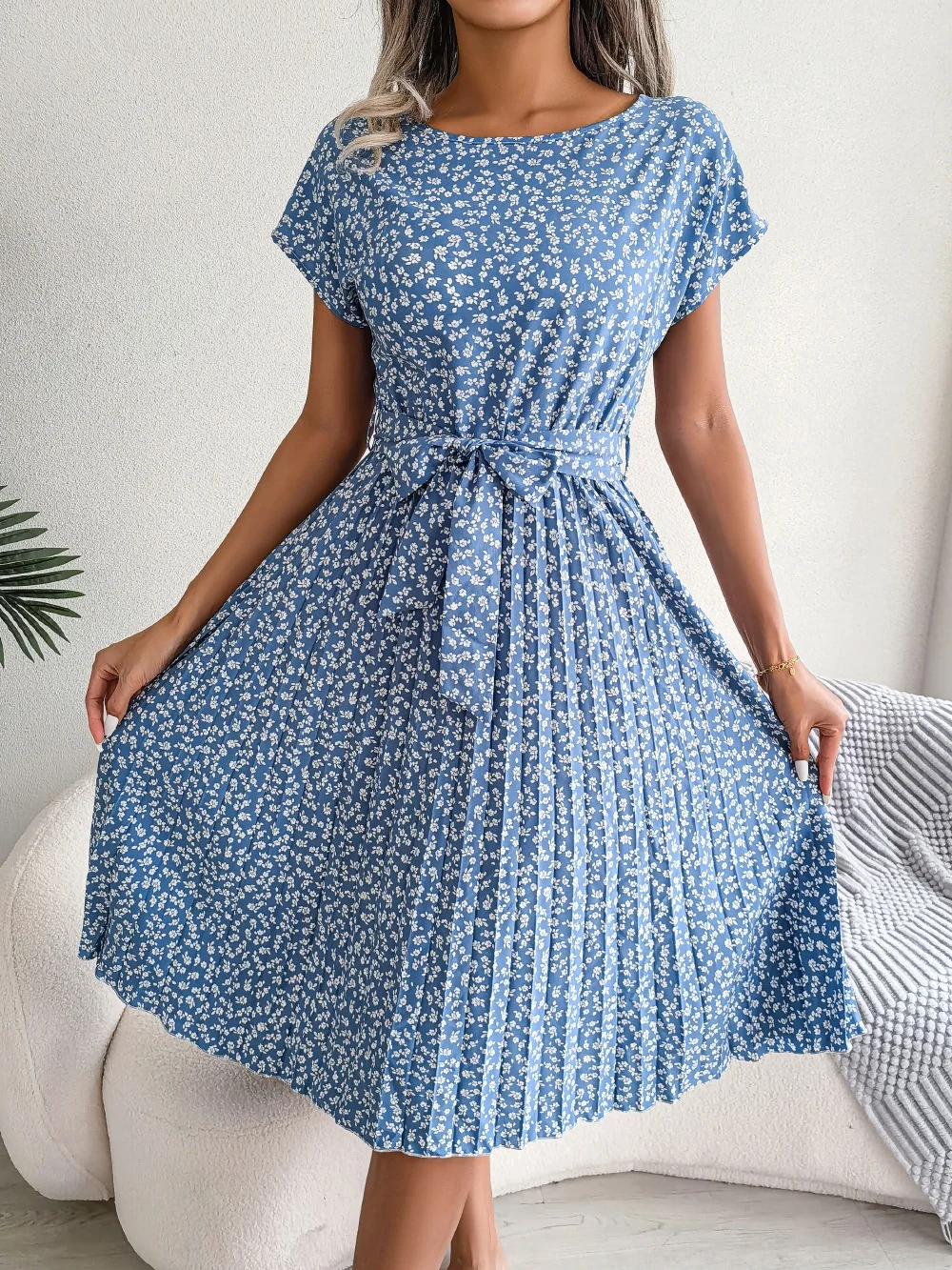 Women's Short Sleeve Summer Light Blue Floral Split Joint Crew Neck Daily Going Out Vintage Midi A-Line Pleated Dress