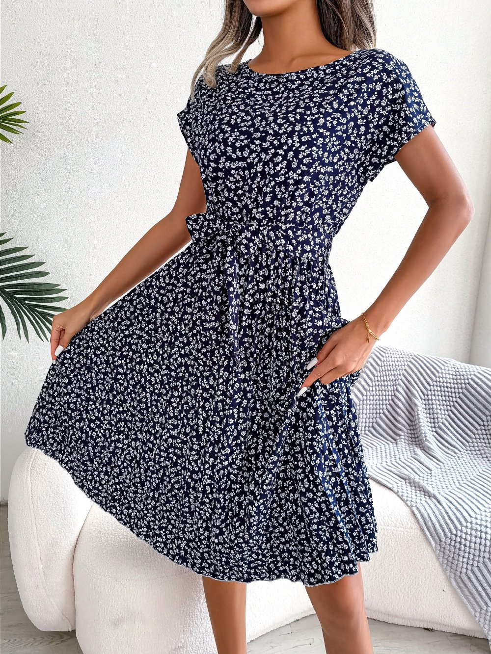 Women's Short Sleeve Summer Light Blue Floral Split Joint Crew Neck Daily Going Out Vintage Midi A-Line Pleated Dress
