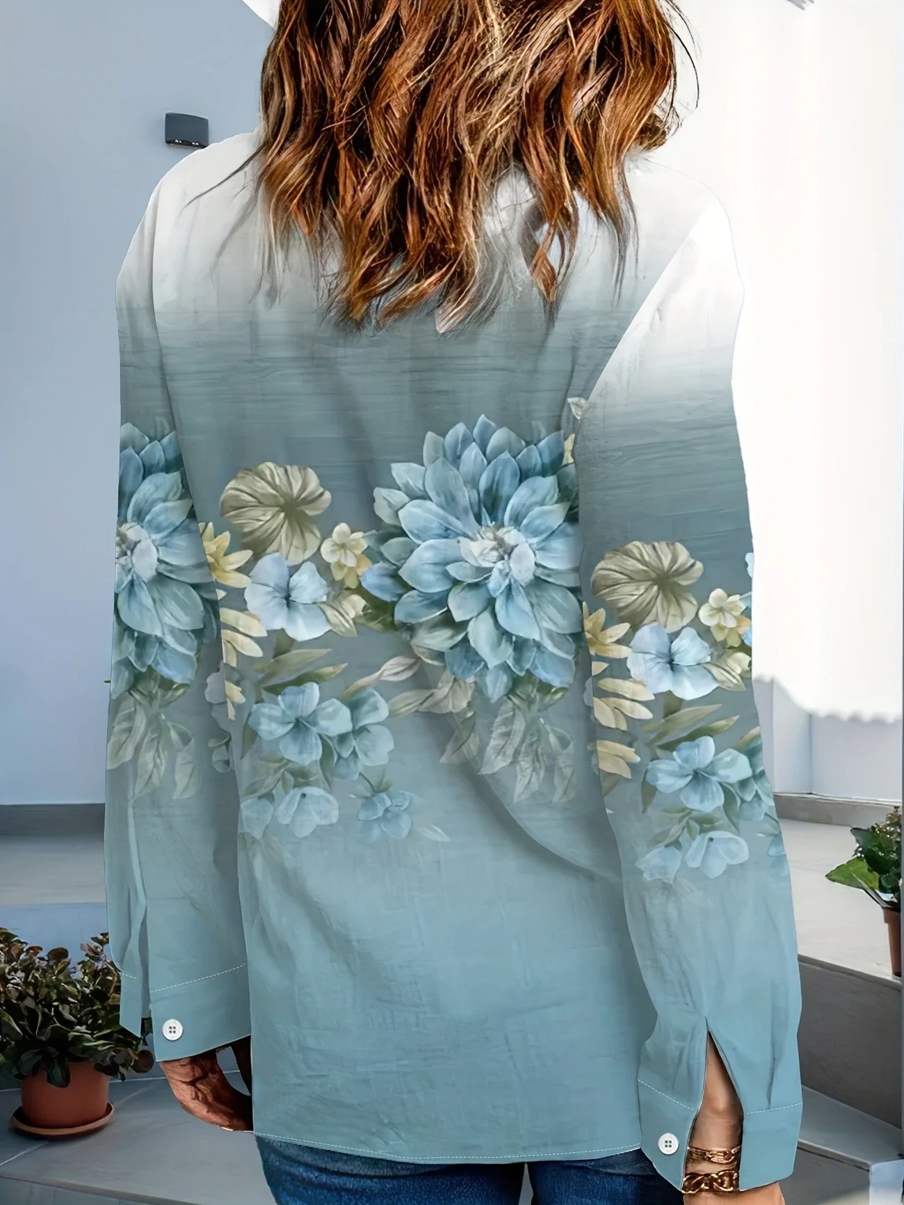 Women's Long Sleeve Shirt Spring/Fall Blue Floral Buckle Shirt Collar Daily Going Out Casual Top