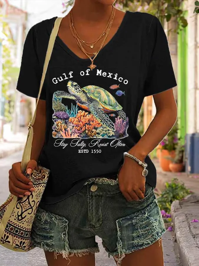 Women's Gulf Of Mexico Print Casual V Neck T-Shirt