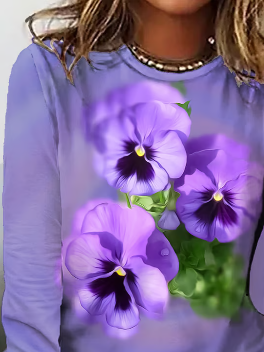 Women's Floral Print Casual Long Sleeve Crew Neck T-Shirt