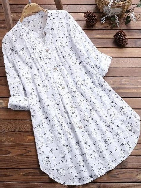 Women's Long Sleeve Shirt Spring/Fall White Floral Printing Stand Collar Daily Going Out Casual Top