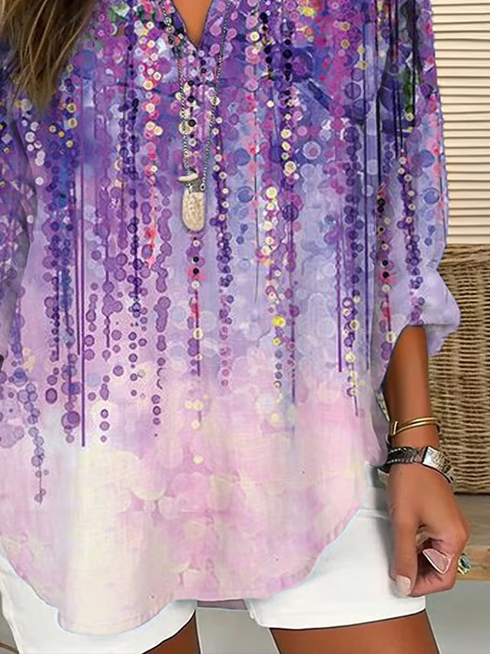 Women's Long Sleeve Blouse Spring/Fall Purple Abstract Printing Cotton-Blend V Neck Daily Going Out Casual Top