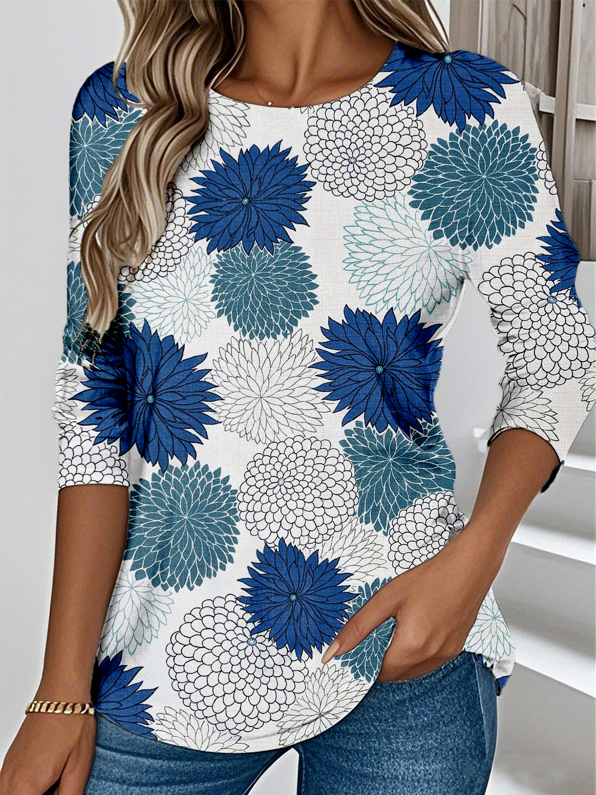 Elegant Round Neck Long Sleeve Floral Chrysanthemum Print T-Shirt