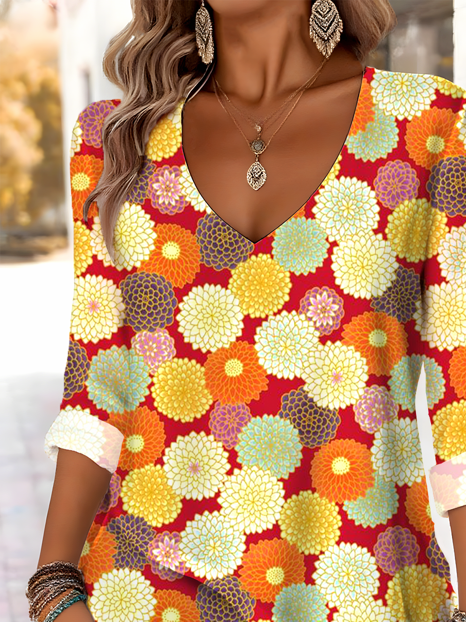 Printed Commuter V-Neck Long Sleeve Chrysanthemum Floral T-Shirt