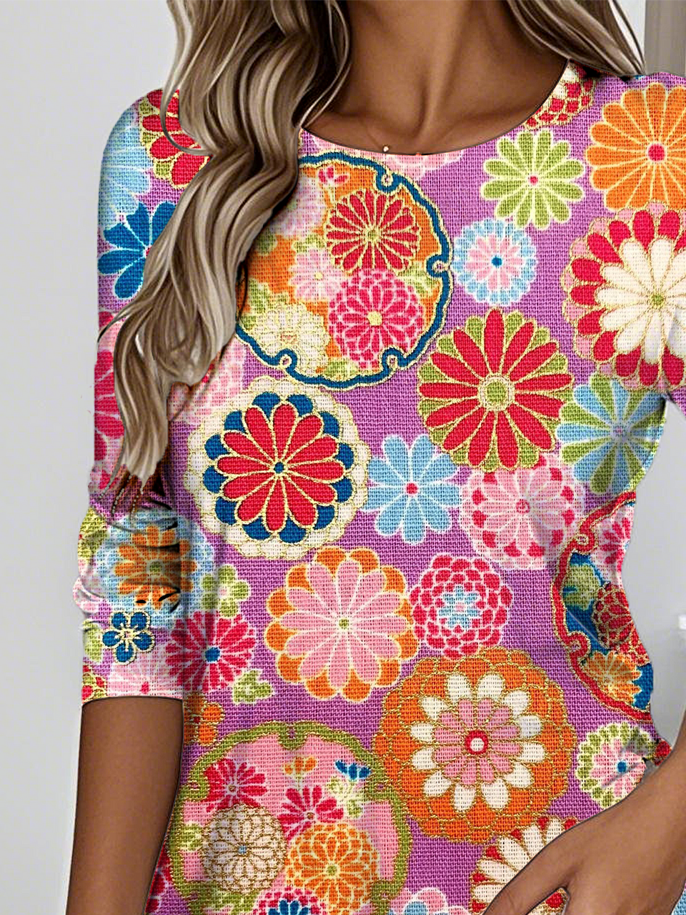 Elegant Round Neck Long Sleeve Floral Chrysanthemum Print T-Shirt