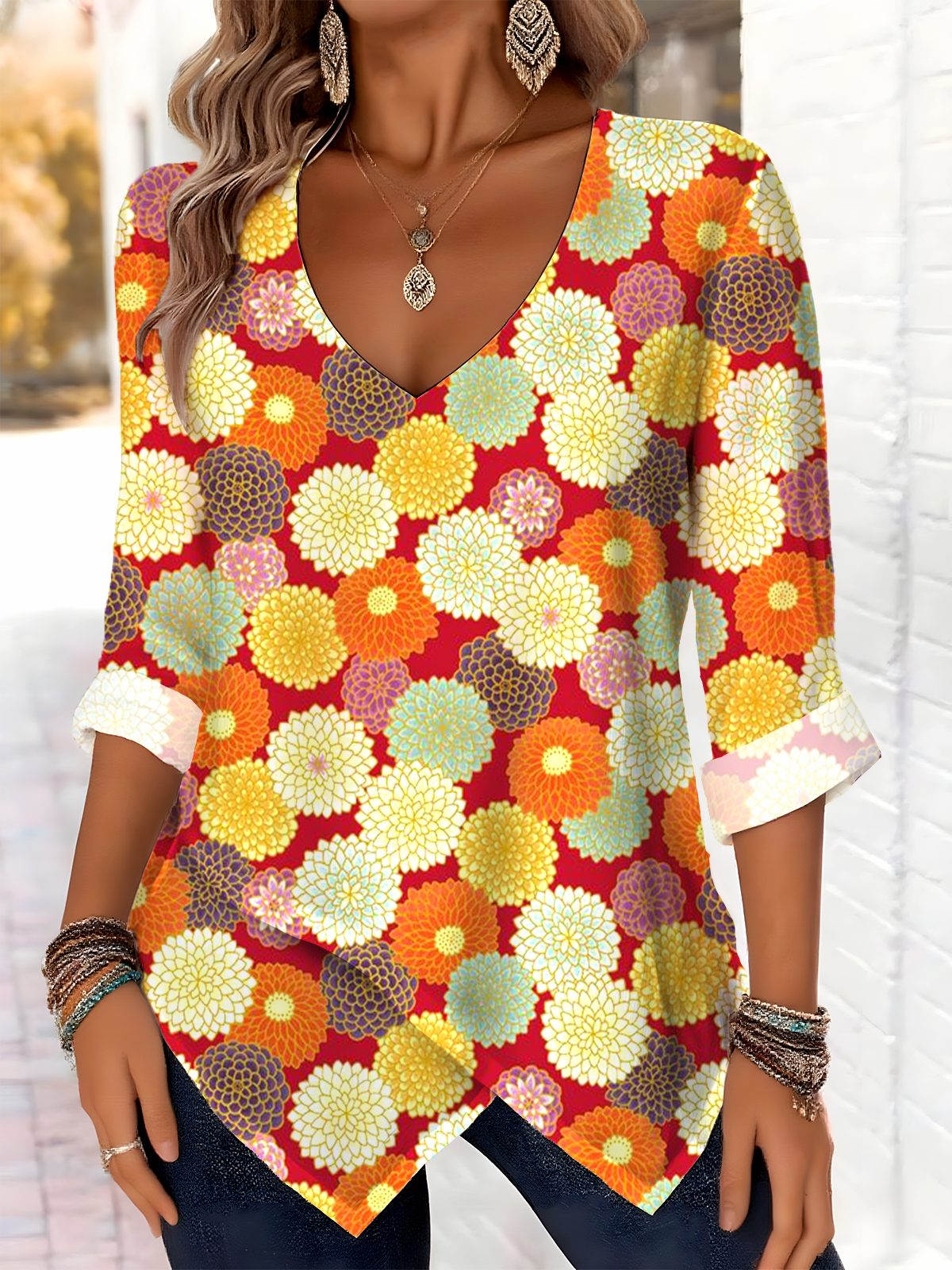 Printed Commuter V-Neck Long Sleeve Chrysanthemum Floral T-Shirt
