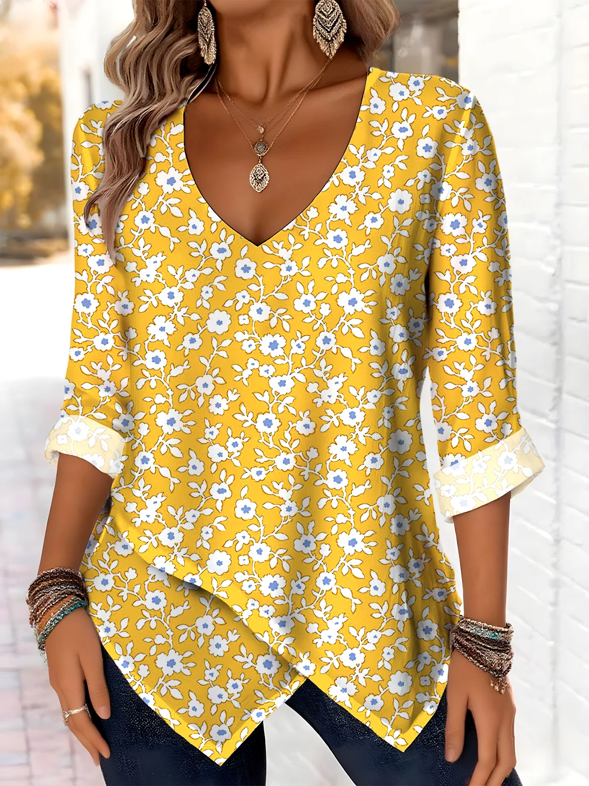 Printed Commuter V-Neck Long Sleeve Chrysanthemum Floral T-Shirt