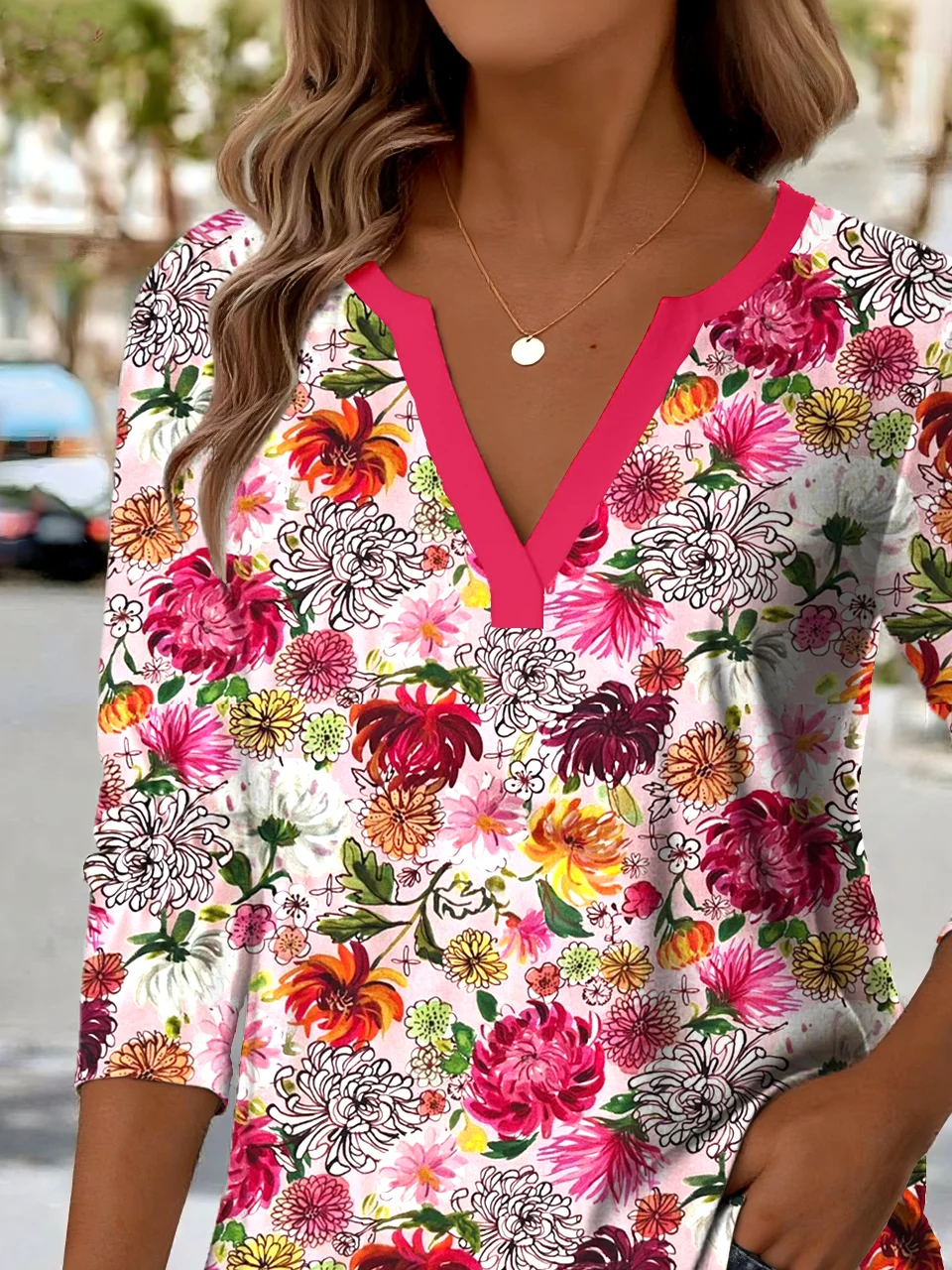 Printed Commuter V-Neck Long Sleeve Chrysanthemum Floral T-Shirt