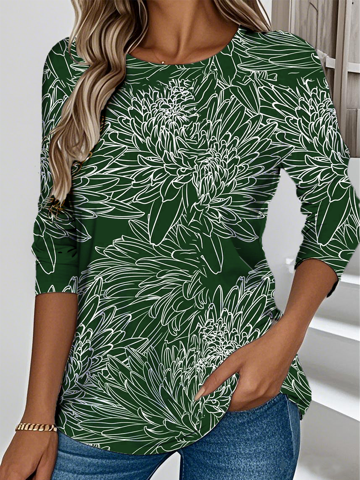 Elegant Round Neck Long Sleeve Floral Chrysanthemum Print T-Shirt