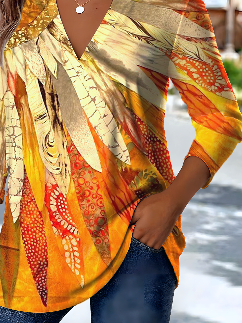 Retro Ethnic Pattern V-Neck Pointed Hem Print Long Sleeve T-Shirt