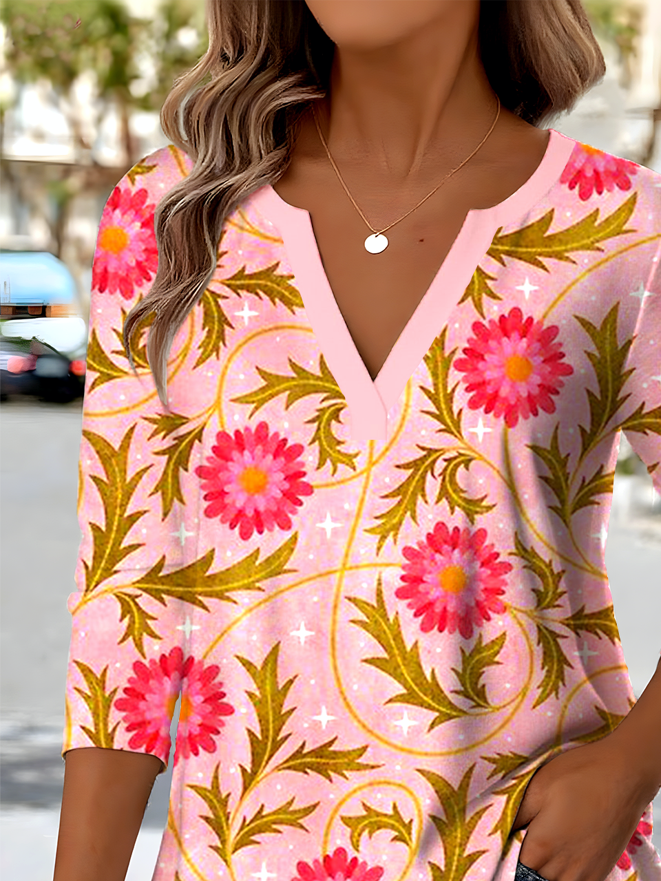 Retro Ethnic Pattern V-Neck Pointed Hem Sun Print Long Sleeve T-Shirt