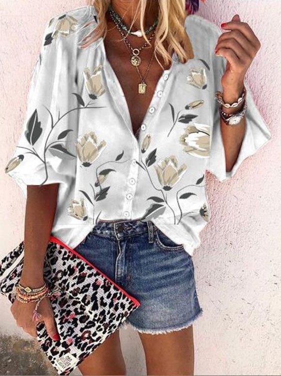 Women's Three Quarter Sleeve Shirt Spring/Fall Blue Floral Printing Stand Collar Balloon Sleeve Daily Going Out Casual Top