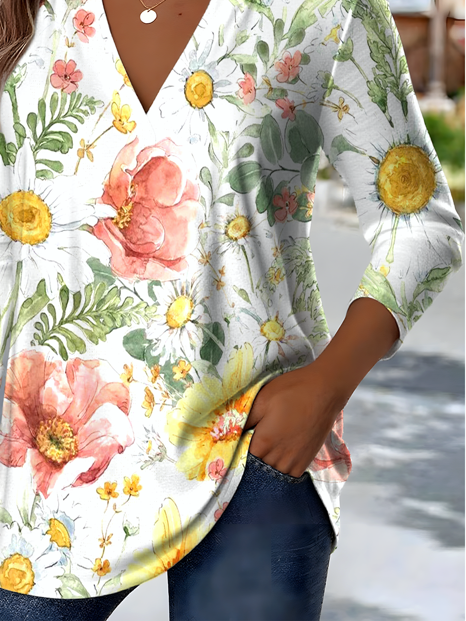 Retro Ethnic Pattern V-Neck Pointed Hem Sunflower Print Long-Sleeved T-Shirt