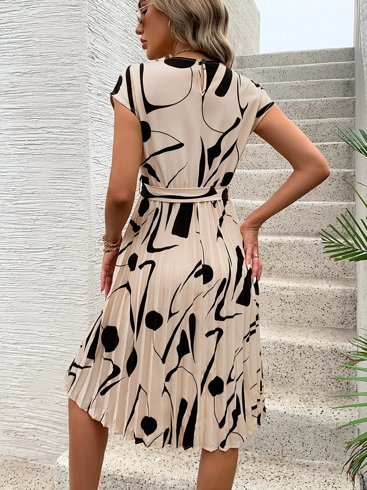 Women's Short Sleeve Summer Apricot Abstract Graphic Split Joint V Neck Daily Going Out Vintage Midi A-Line Tank Dress