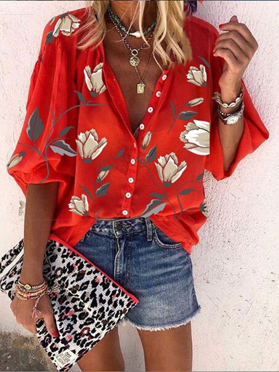 Women's Three Quarter Sleeve Shirt Spring/Fall Blue Floral Printing Stand Collar Balloon Sleeve Daily Going Out Casual Top