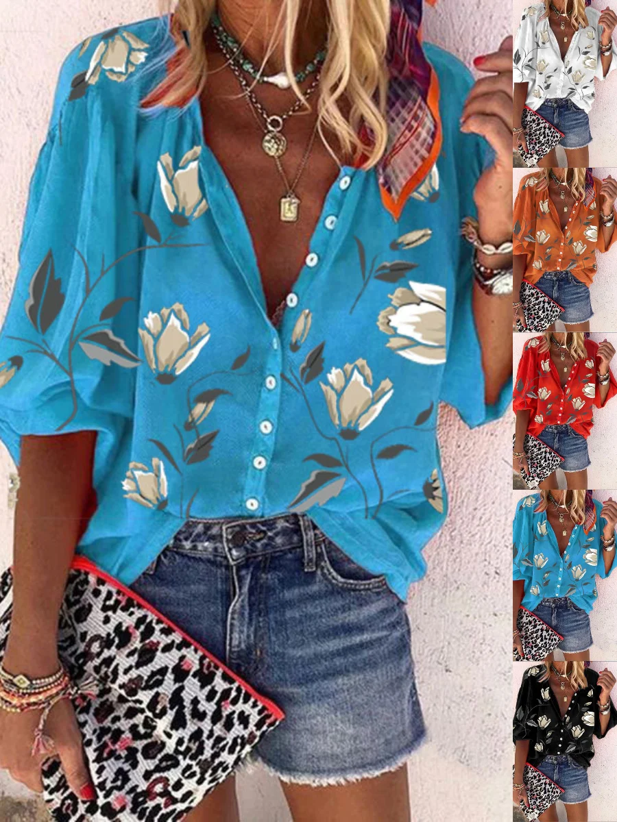 Women's Three Quarter Sleeve Shirt Spring/Fall Blue Floral Printing Stand Collar Balloon Sleeve Daily Going Out Casual Top