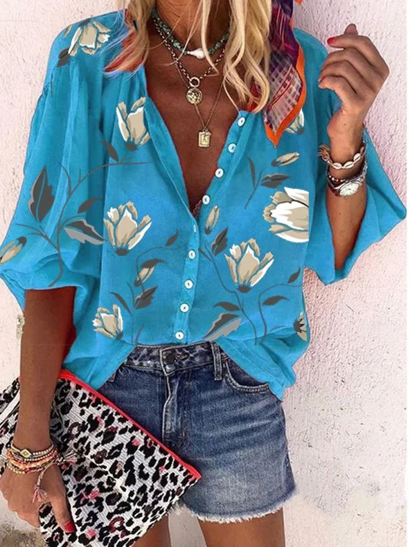 Women's Three Quarter Sleeve Shirt Spring/Fall Blue Floral Printing Stand Collar Balloon Sleeve Daily Going Out Casual Top