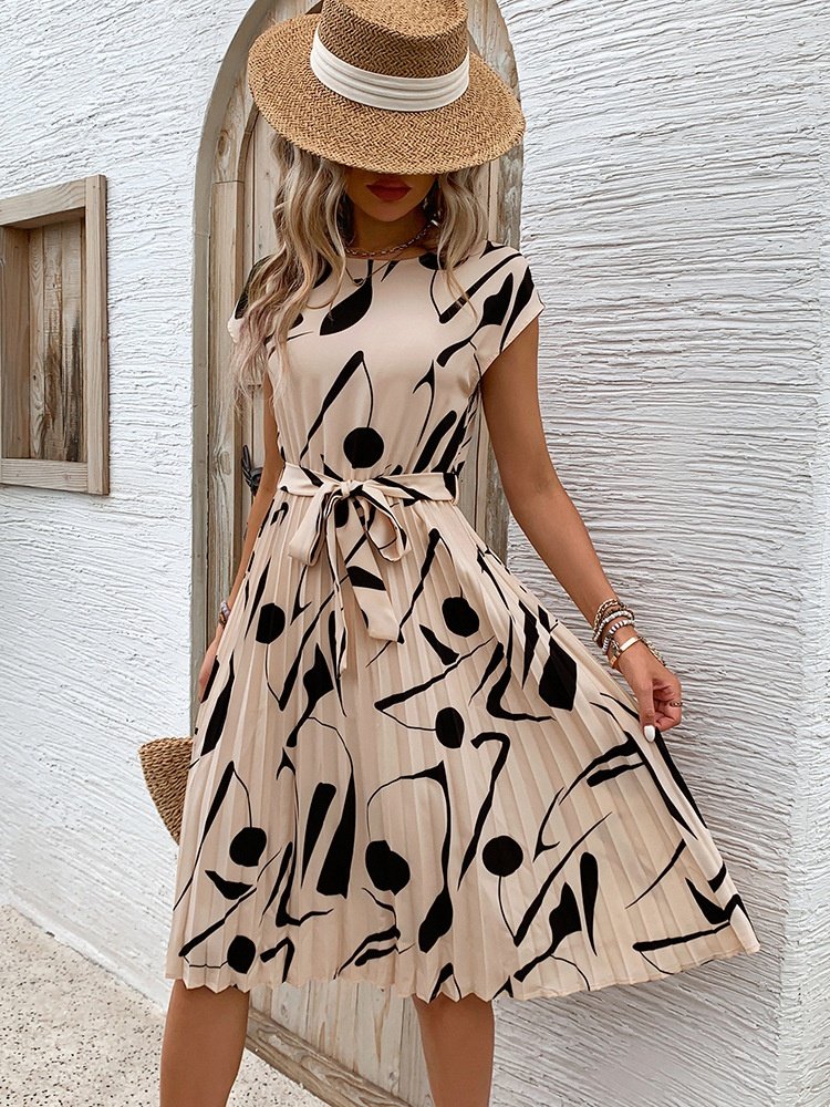 Women's Short Sleeve Summer Apricot Abstract Graphic Split Joint V Neck Daily Going Out Vintage Midi A-Line Tank Dress