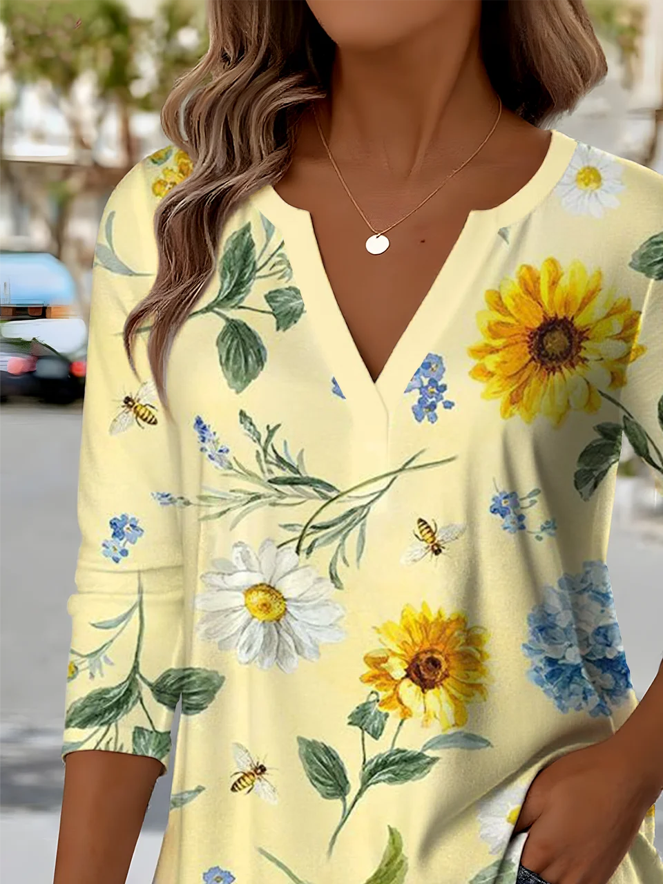 Ethnic Pattern V-Neck Pointed Hem Sunflower Print Long-Sleeved T-Shirt