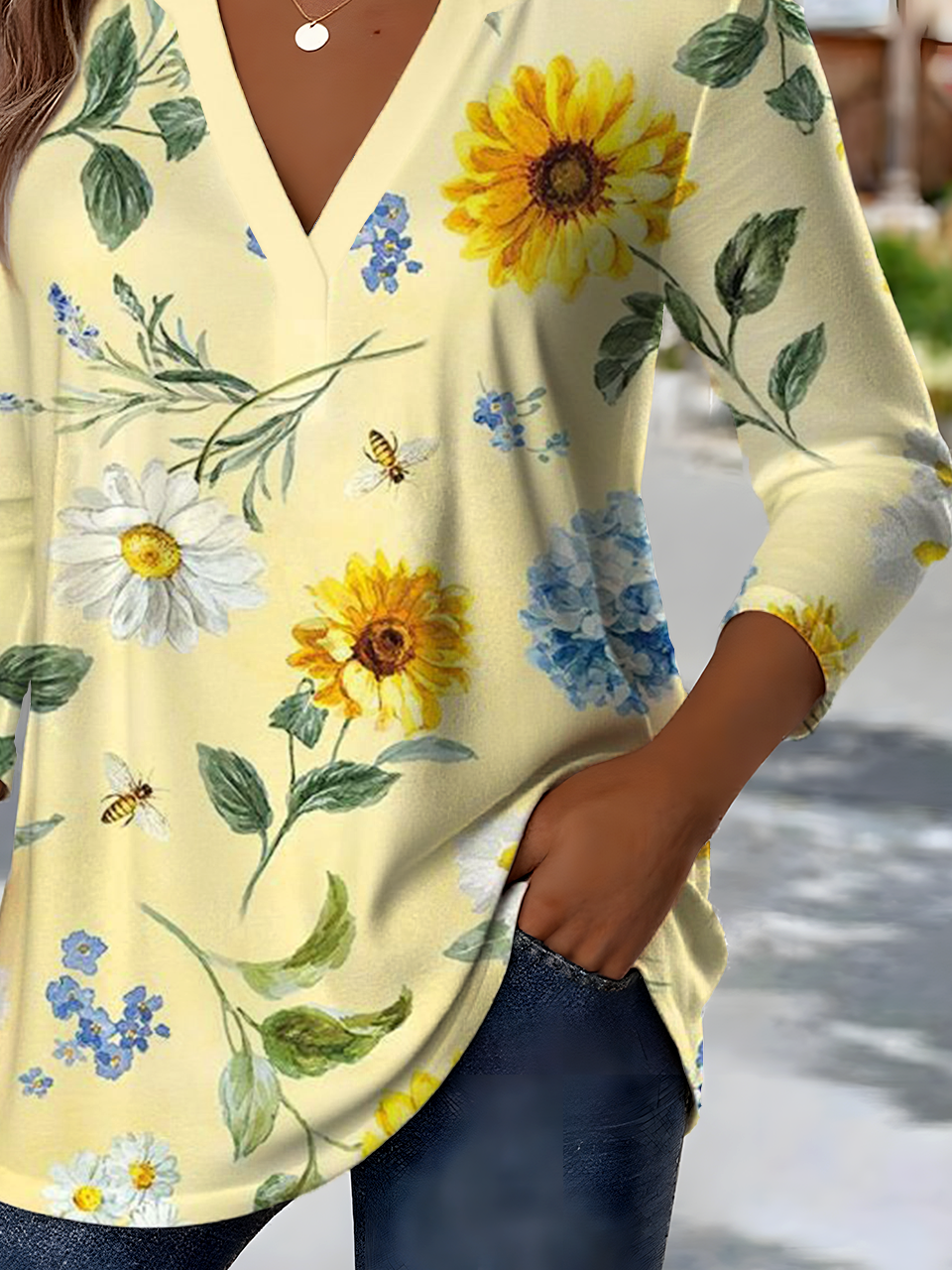 Ethnic Pattern V-Neck Pointed Hem Sunflower Print Long-Sleeved T-Shirt