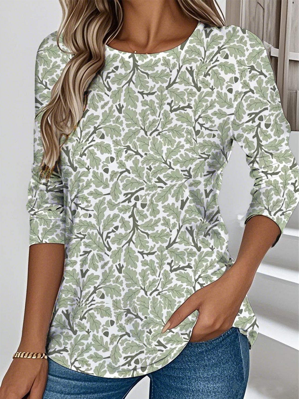 Ethnic Pattern Early Autumn Oak Leaf Print Round Neck Long Sleeve T-Shirt