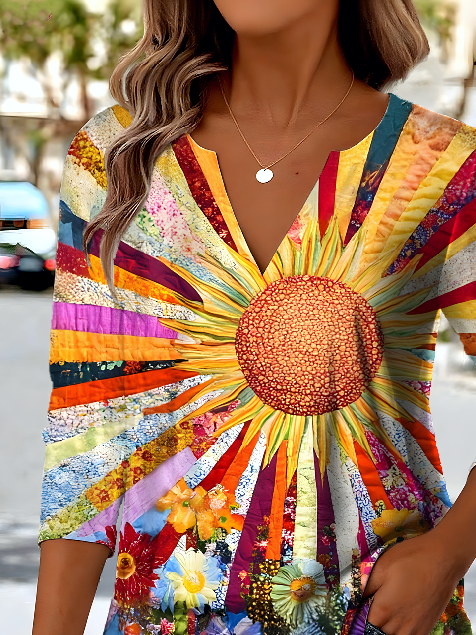 Retro Ethnic Pattern V-Neck Pointed Hem Sun Print Long Sleeve T-Shirt