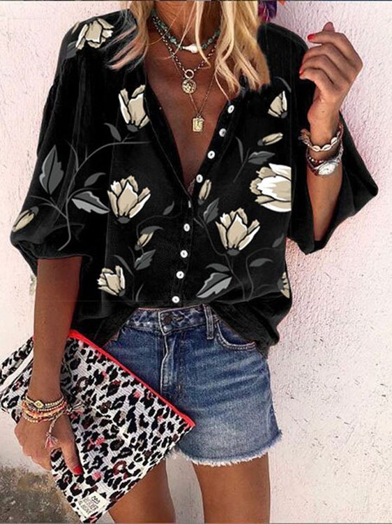 Women's Three Quarter Sleeve Shirt Spring/Fall Blue Floral Printing Stand Collar Balloon Sleeve Daily Going Out Casual Top