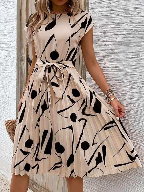 Women's Short Sleeve Summer Apricot Abstract Graphic Split Joint V Neck Daily Going Out Vintage Midi A-Line Tank Dress