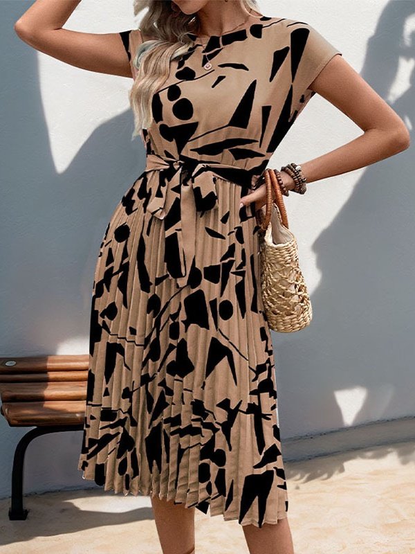 Women's Short Sleeve Summer Apricot Abstract Graphic Split Joint V Neck Daily Going Out Vintage Midi A-Line Tank Dress