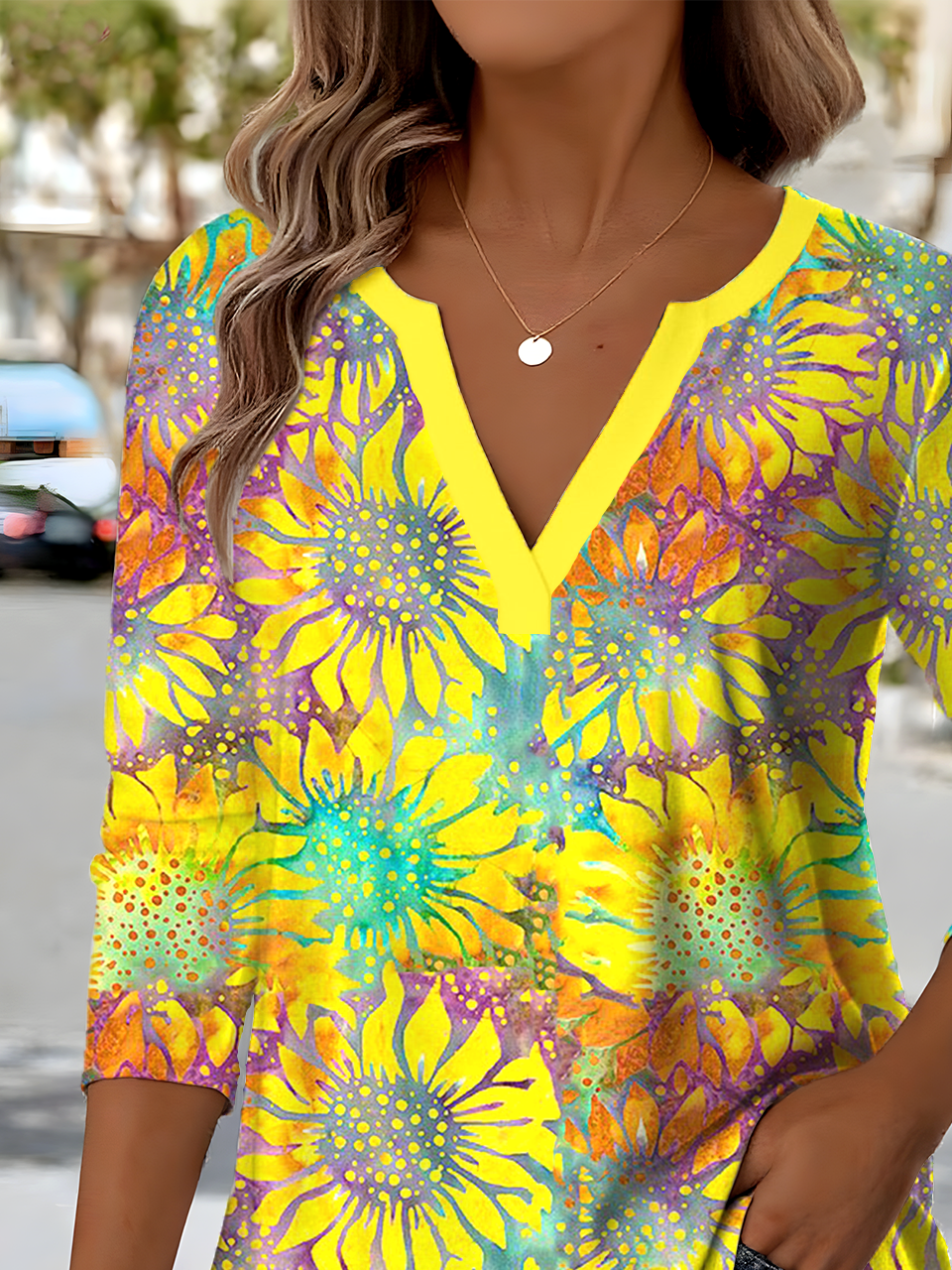 Retro Ethnic Pattern V-Neck Pointed Hem Sunflower Print Long-Sleeved T-Shirt