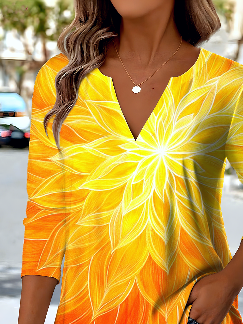 Retro Ethnic Pattern V-Neck Pointed Hem Sun Print Long Sleeve T-Shirt