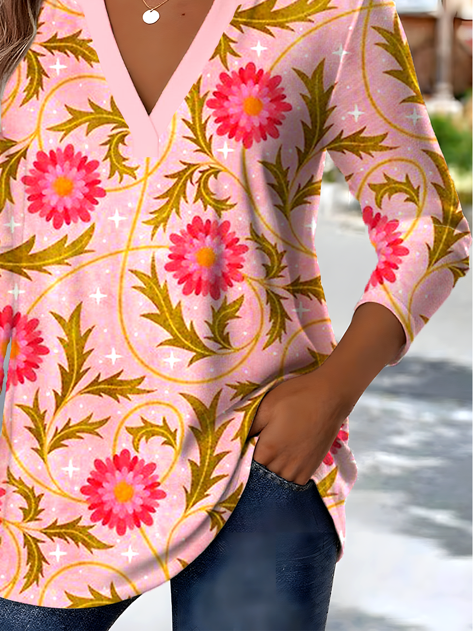 Retro Ethnic Pattern V-Neck Pointed Hem Sun Print Long Sleeve T-Shirt
