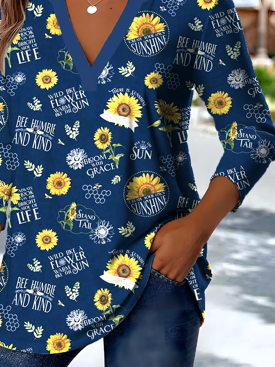 Ethnic Pattern V-Neck Pointed Hem Sunflower Print Long-Sleeved T-Shirt