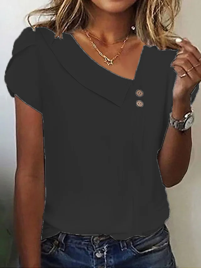Women's Short Sleeve T-shirt Summer Green Plain Buckle Asymmetrical Daily Going Out Casual Top