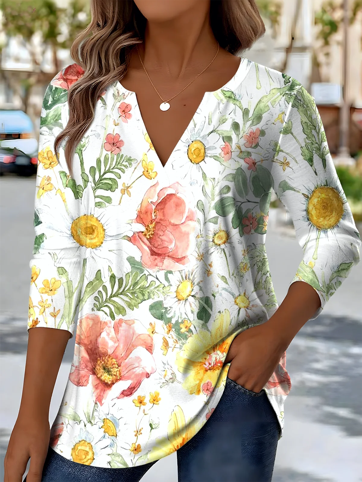 Retro Ethnic Pattern V-Neck Pointed Hem Sunflower Print Long-Sleeved T-Shirt