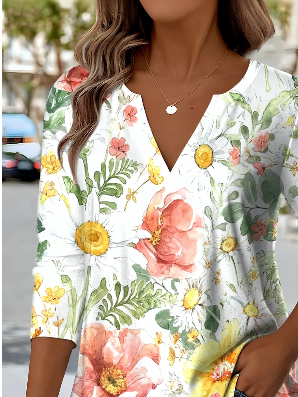 Retro Ethnic Pattern V-Neck Pointed Hem Sunflower Print Long-Sleeved T-Shirt