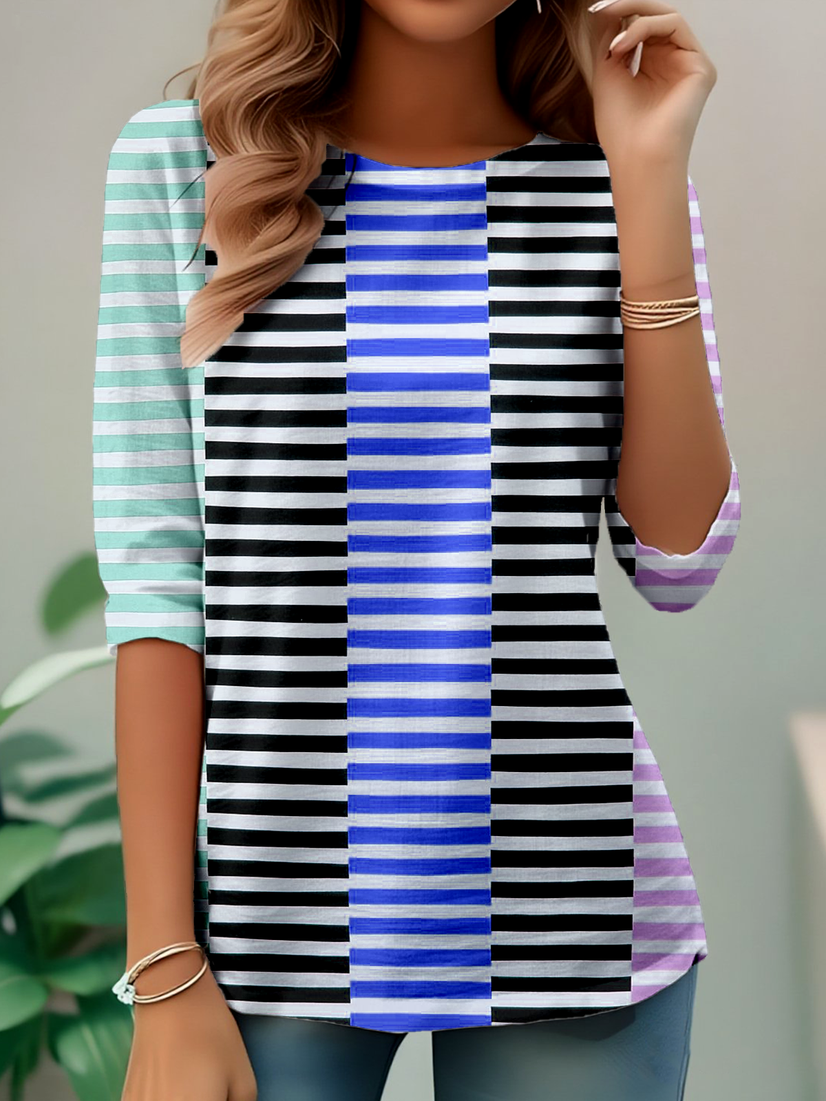 Elegant Commuting Simple Striped Pattern Print Round Neck Long Sleeve T-Shirt