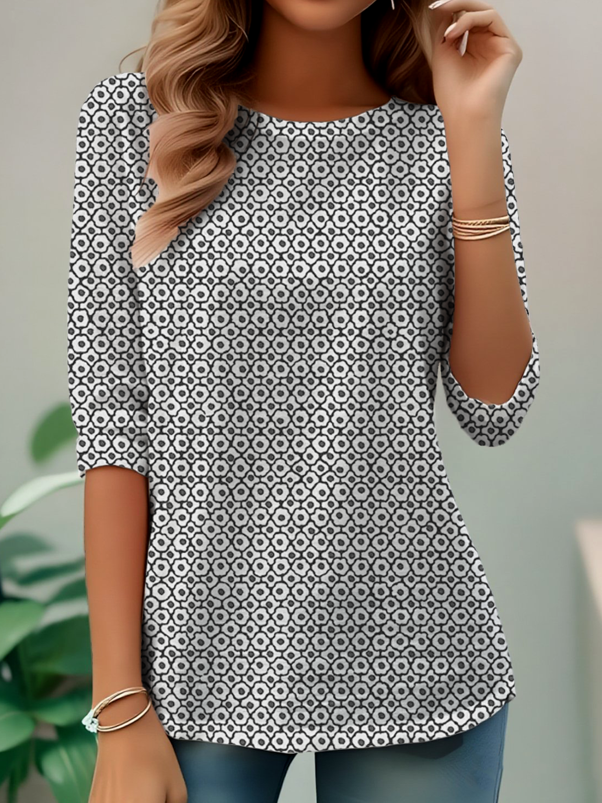 Ethnic Pattern Early Autumn Oak Leaf Print Round Neck Long Sleeve T-Shirt