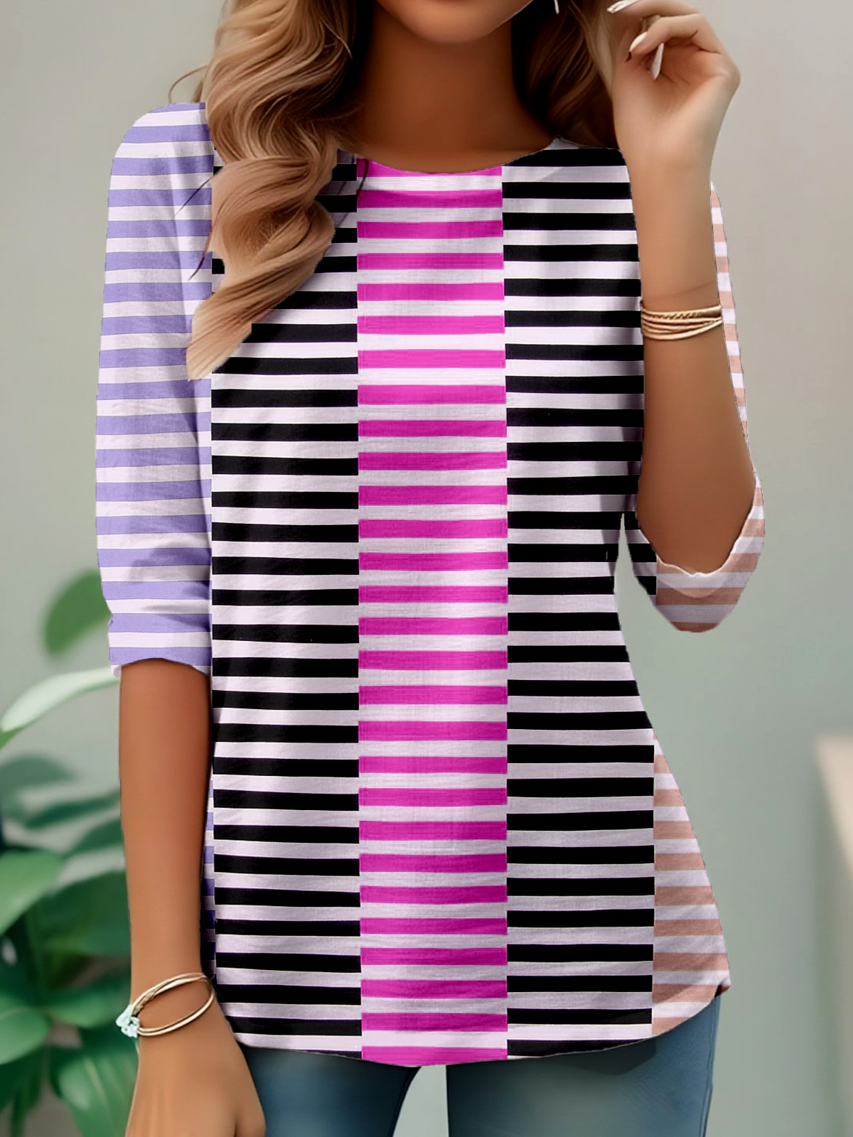 Elegant Commuting Simple Striped Pattern Print Round Neck Long Sleeve T-Shirt